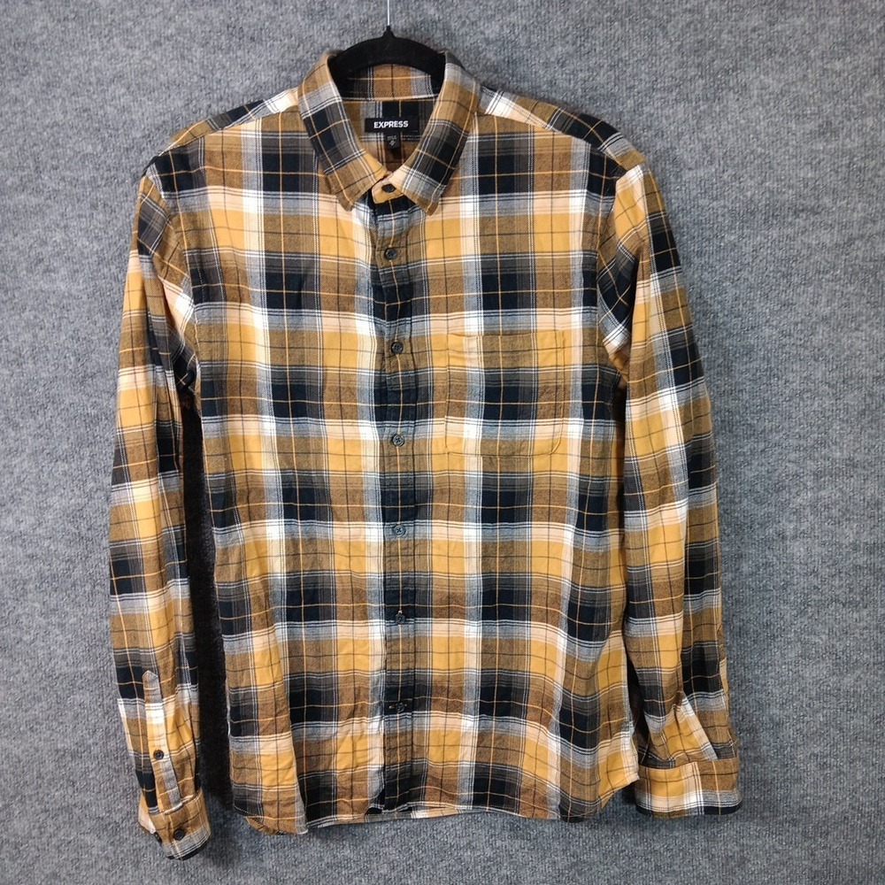 Express Yellow Plaid Flannel Button Up Shirt With Chest Pocket Men's Size Medium